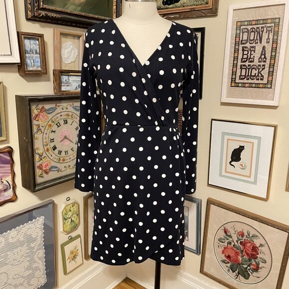 NWT Loft Black & White Polka Dot Stretch Long Sleeve Faux Wrap Dress Size 12 - Picture 1 of 6